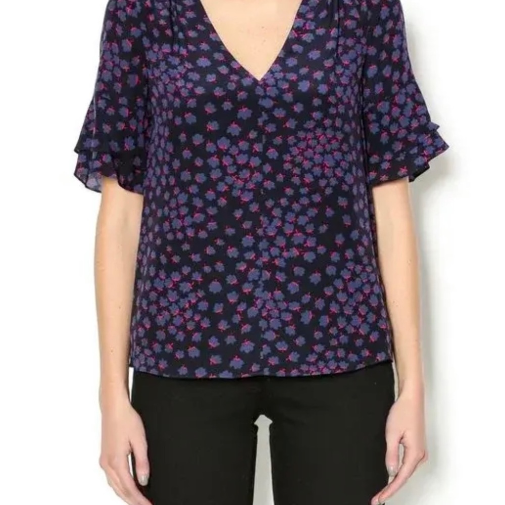 Rebecca Taylor Aster Floral Silk Blouse Top Navy Size 0 Retail $275 | NWT